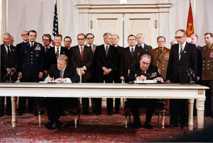 with Soviet General Secretary Leonid Brezhnev sign the Strategic Arms ...
