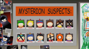 Professor Chaos's wall of Mysterion suspects.