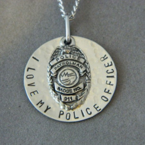 Love My Police Officer Police Badge Handstamped Necklace