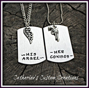Her Cowboy His angel Couples Dog Tag Set In Brushed Aluminum - New ...