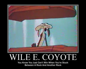 Wile E. Coyote stuck between two rocks