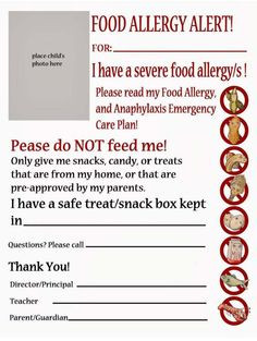 Checklist for Food Allergy. Good for school, for church, for friends ...