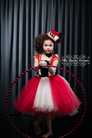 Circus Tutu Dress Ring Mistress Costume in Red, White, Black & Gold