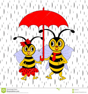 couple of funny cartoon bees under red umbrella in the rain. Vector ...