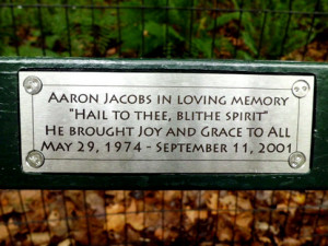 plaque to Aaron Jacobs on a Central Park bench includes a quote from ...