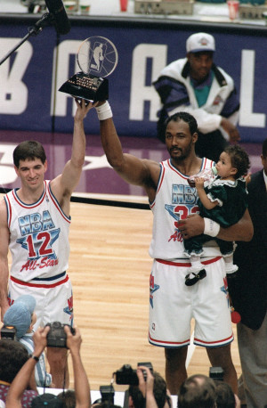 co-Most Valuable Player winners John Stockton, left, and Karl Malone ...