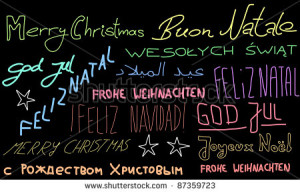 ... - holiday wishes doodle in multiple languages. Christmas background