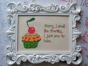 Framed Cross Stitch - 30 Rock - I Just Love to Bake Quote