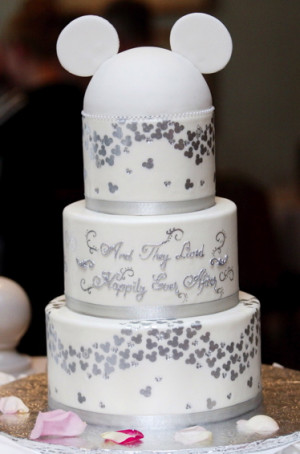 Fancy Mickey Mouse wedding cake. I love the quote on the cake, along ...