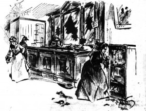 An illustration of Carry Nation attacking the Senate Saloon