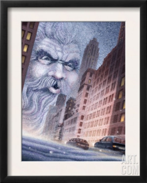 Old Man Winter Blowing Bad Weather into a City Framed Print