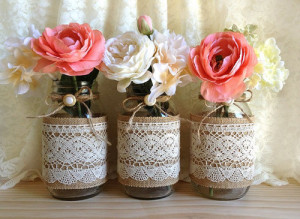burlap and lace shabby chic mason jar vase deocration | We Heart It