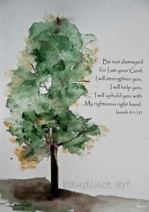 Watercolor painting of Old Oak Tree with Bible verse original fine art