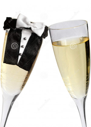 Champagne glasses during toast, one with dinner jacket.