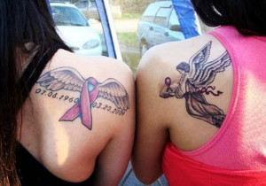 ... the lovely ribbon tattoos in memory of their mother who died of cancer