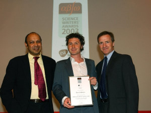 Ben Goldacre receiving award from Pallab Ghosh (BBC--Voice of Big ...