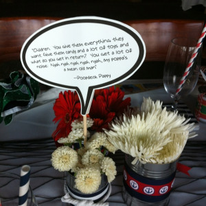 Popeye baby shower--funny sayings in centerpieces...
