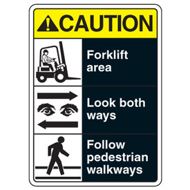 ... ANSI Multi-Message Safety Signs - Caution Forklift Area Look Both Ways