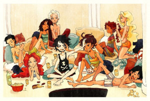 Heroes of Olympus slumber party! frank, Rachel, piper, jason, nico ...