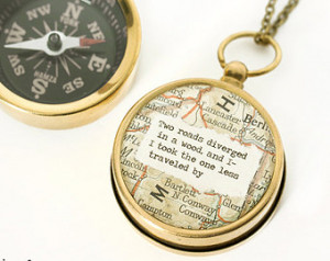 Large Map Compass Necklace with Rob ert Frost or Personalized Quote ...