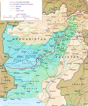 Predominant Pashtun area marked in blue with lines (From Wikipedia)