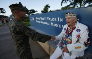 Pearl Harbor survivor Bodenlos shakes hands with U.S. Marine Sergeant ...