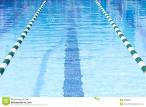 vertical perspective of the lanes in a competitive swimming pool.