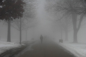 black & white, fog, lonely, people, sad, snow, street, winter