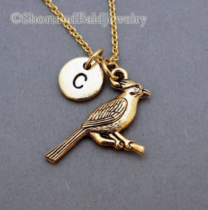 Cardinal bird charm necklace, bird charm, antique gold, initial ...