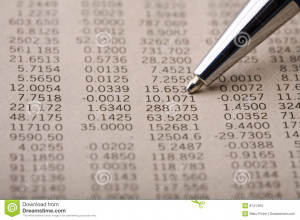 Financial Quotes page section in a finance newspaper. Pen pointing at ...