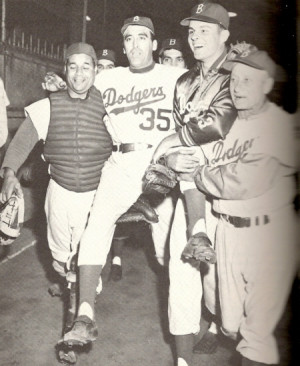 Roy Campanella and a young Don Drysdale carry Maglie off the field on ...