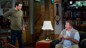 Jonathan Sadowski and William Shatner in living room in '$#*! my dad ...