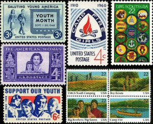 Collage of scouting and youth stamps