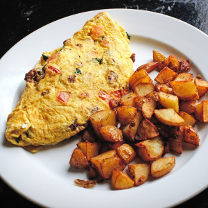 148 Omelette With Tomato, Basil, Mergez Sausage Goat Cheese, Cumin ...