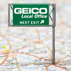 GEICO auto insurance agents as shown by GEICO-branded pin on a map.