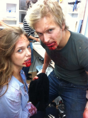 Tracy Spiridakos and Jon Cor behind the scenes of Being Human (Syfy).