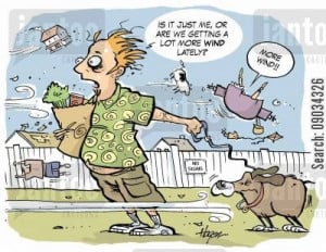 windy day cartoon humor: 'Is it just me or are we getting more wind ...