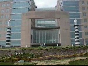 Between these columns is a black pyramid with a white capstone.