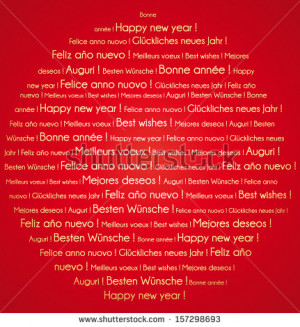 Red and gold Happy New Year in several languages. Word cloud greeting ...