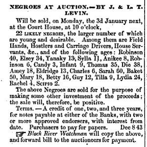 Advertisement for slave auction of slave trader Jacob Levin [ 124 ...