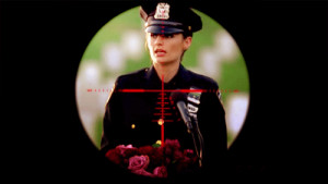 The cross-hairs line up on Beckett's chest as she delivers her eulogy ...