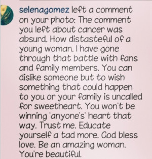 Then Selena blasted the supposed fan for her disgusting remarks.