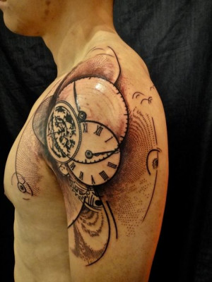 Clock Tattoo With Quote Grey Ink Abstract Clock Tattoo