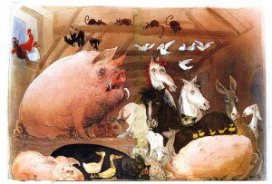 All the animals meet in the barn to create a plan. The pigs take the ...