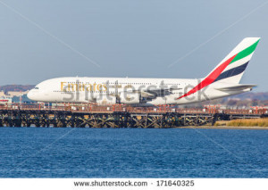 ... YORK - OCTOBER 9: Airbus A380 Emirates taxiing on JFK Airport on