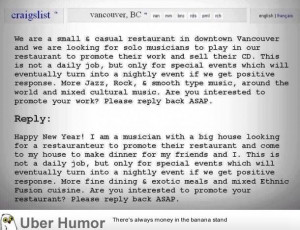 Band member responds to restaurants request on Craigslist for free ...
