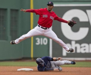 Xander Bogaerts jumped over Evan Longoria after turning a double play.