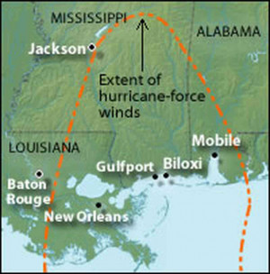 Caption Map Showing The Reach Of Hurricane Force Winds From Katrina