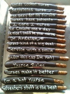 chocolate covered pretzels with fun sayings for the drs and nurses
