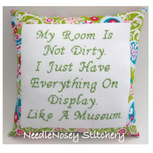 ... Pillow, Funny Quote, Pink Blue And Green Pillow, Messy Room Quote